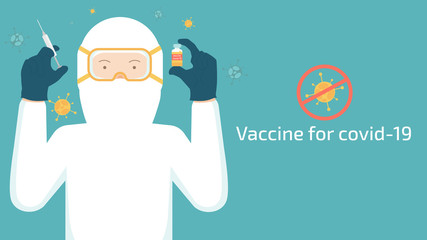 doctor in protective suit with vaccine bottle and syringe in hand. Illustration about protection covid-19 with treat item.