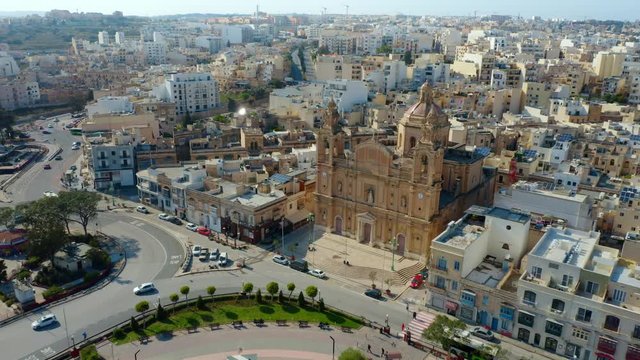 Aerial view of Msida marina, church. Sunny day. Malta country