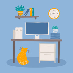Home office - shelf, clock, cat, plant, table, monitor, documents, books