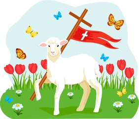 Easter Lamb with Cross. Religion symbol. Vector illustration