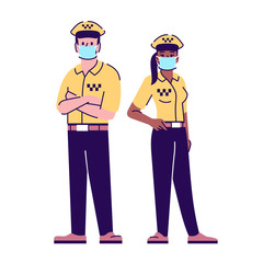 Taxi drivers in pandemic flat isolated vector illustration. Transportation service workers in surgical masks 2D cartoon character with outline on white background. Coronavirus protection