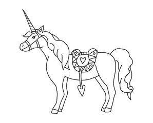 Vector coloring with realistic unicorn. Coloring pages for adults and children with a magic horse for creativity. Beautiful horse with a horn, mane and saddle.