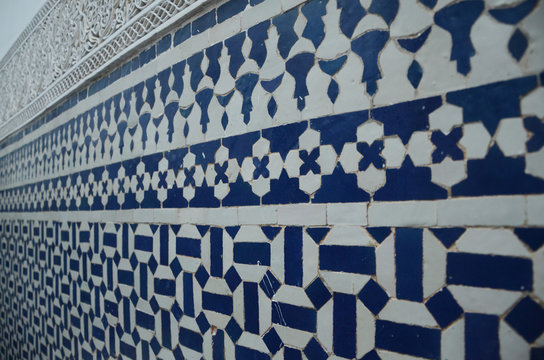 Blue and white traditional Moroccan tile at fez old town.