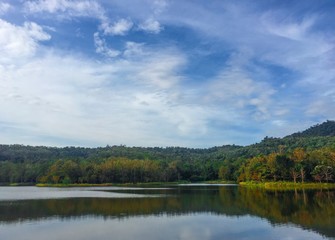 autumn forest reflected by the lake with blue sky background
