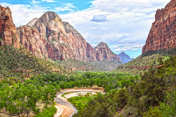View of the Zion Canyon with the winding Virgin River, Zion National Park, Utah, USA
