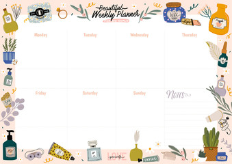 Stylish Scandinavian bathroom interior - bidet,tap, bath,toilet, sink,, home decorations. Cozy modern comfy apartment furnished in Hygge style. Vector illustration