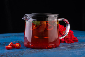 Hot tea with strawberries and pepper