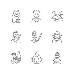 Japan pixel perfect linear icons set. Maneki neko. Geisha woman. Mount Fuji. Samurai and ninja. Customizable thin line contour symbols. Isolated vector outline illustrations. Editable stroke
