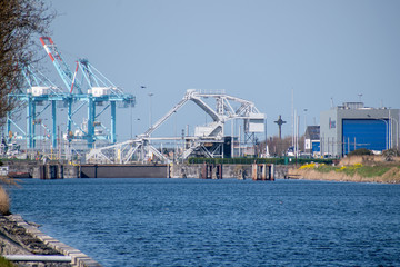 Naklejka premium Old iron lifting bridge in the port of Zeebrugge, Belgium