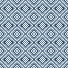 Watercolor geometric rhombus squares seamless pattern. Blue navy stripes on white background