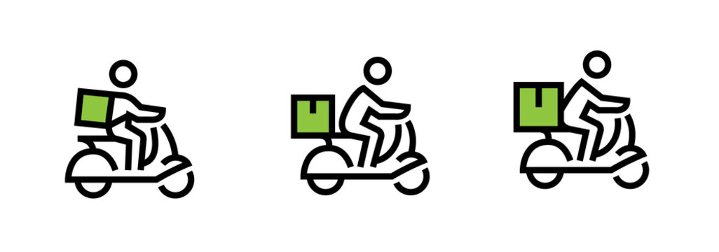 Set Of Delivery Icons A Bike Courier With A Cargo Of Small, Medium And Large. Editable Line Vector.