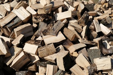 Pile of wood, close-up on cut pieces of wood
