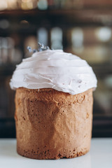 Modern stylish easter pies with toppings, festive composition in rustic style, russian orthodox tradition, vintage wooden background,