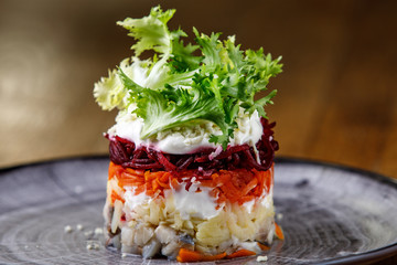 Puff salad on a plate in restaurant.