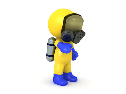 3D Character wearing hazmat suit extending hand