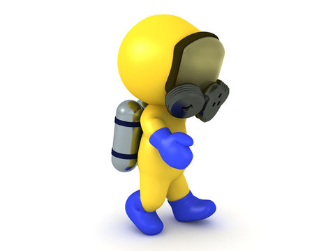 3D Character wearing hazmat suit walking