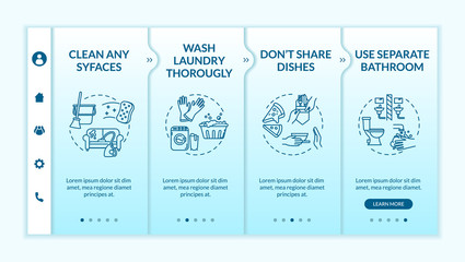 Household tips onboarding vector template. Cleaning surfaces, washing thoroughly, using separate bathroom. Responsive mobile website with icons. Webpage walkthrough step screens. RGB color concept