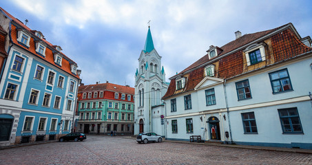 Obraz premium Riga, Latvia - March 03, 2020: Facade view to the Our Lady of Sorrows Church