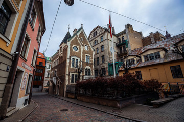 Plakat Riga, Latvia - March 03, 2020: Cozy and cute streets of the Old Town