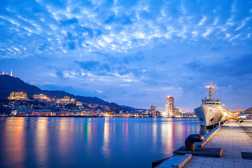 Vessel moored in Nagasaki harbor,  Japan at sunset