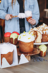 Modern stylish easter pies with toppings, festive composition in rustic style, russian orthodox tradition, vintage wooden background,