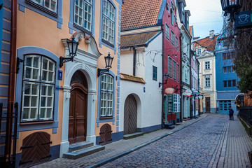 Riga, Latvia - March 03, 2020: Cozy and cute streets of the Old Town