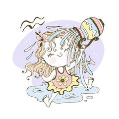 Children's zodiac. Aquarius Sign. The sweet girl is drenched in water. Vector.