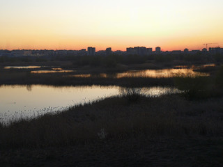 Naklejka premium romantic evening sky over the city and lake in the foreground