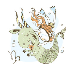 Children's zodiac. Sign Of Capricorn. A girl swims with a fabulous Capricorn. Vector.