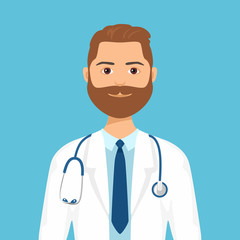 Fototapeta premium Doctor with beard Isolated on blue background. Vector illustration of therapist man in white medical gown, tie and with stethoscope in cartoon flat style.