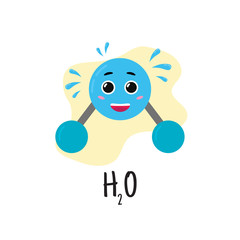 Structure of water molecule. Cartoon character. Study of chemistry. Vector illustration.