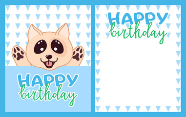 happy birthday greeting card with kawaii doodle dog, cute cartoon drawing animal, editable vector illustration for kids decoration, poster, banner