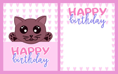 happy birthday greeting card with kawaii doodle cat, cute cartoon drawing animal, editable vector illustration for kids decoration, poster, banner