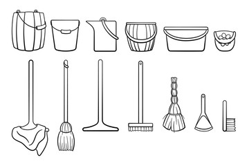 Outline style set of cleaning tools: buckets, mops, besom, broom, dustpan, brush on white backgound