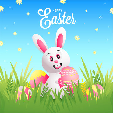 Happy Easter greeting card design, wallpaper or social media post with cute bunny.