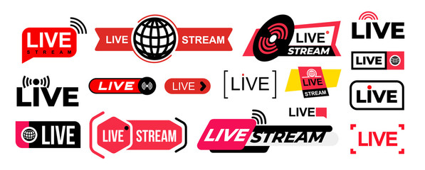 Set of live streaming vector icons. Colored symbols and buttons of live streaming, broadcasting, online stream. Design for tv, shows, movies and live performances. Isolated on white background.