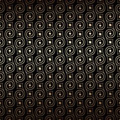 Black and gold art deco seamless pattern with swirls. Luxury decorative ornament. Vintage vector background, wallpaper. Gold geometric shapes, elegant retro texture
