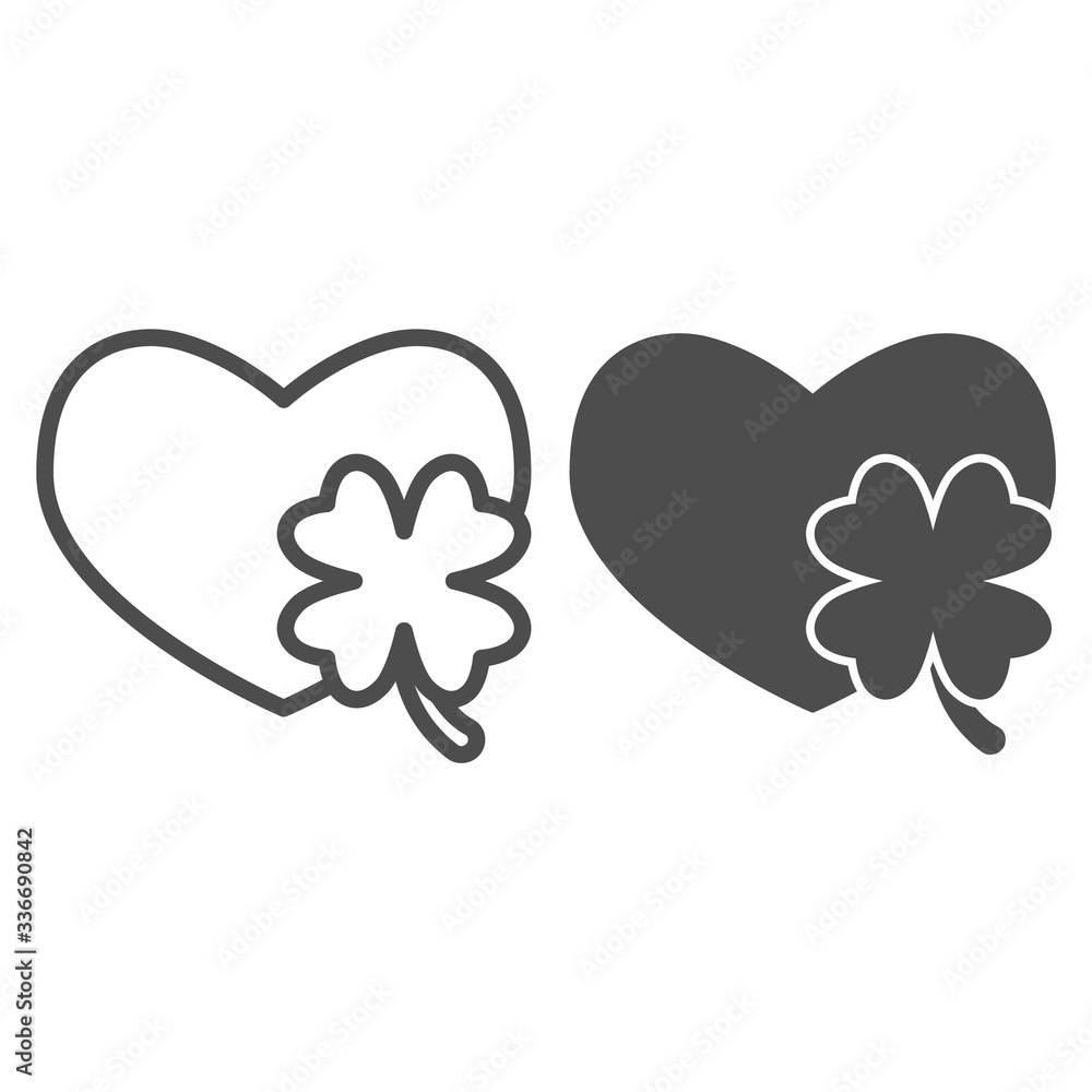 Poster heart with clover leaf line and solid icon. love symbol and patrick day shamrock outline style picto