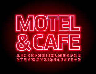 Obraz premium Vector neon sign Motel & Cafe. Red electric Font. Glowing Alphabet Letters and Numbers