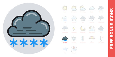 Snow or snowfall icon for weather forecast application or widget. Cloud with snowflakes. Simple color version. Free bonus icons kit included