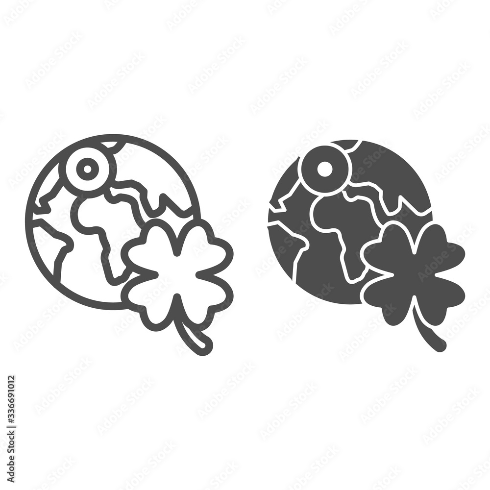 Poster Planet with clover line and solid icon. Globe Earth with shamrock outline style pictogram on white background. Ecology signs with clover and planet for mobile concept and web design. Vector graphics.