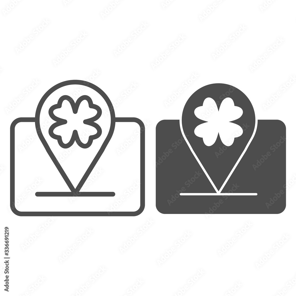 Poster party four leaf location line and solid icon. map pin clover of the holiday outline style pictogram 