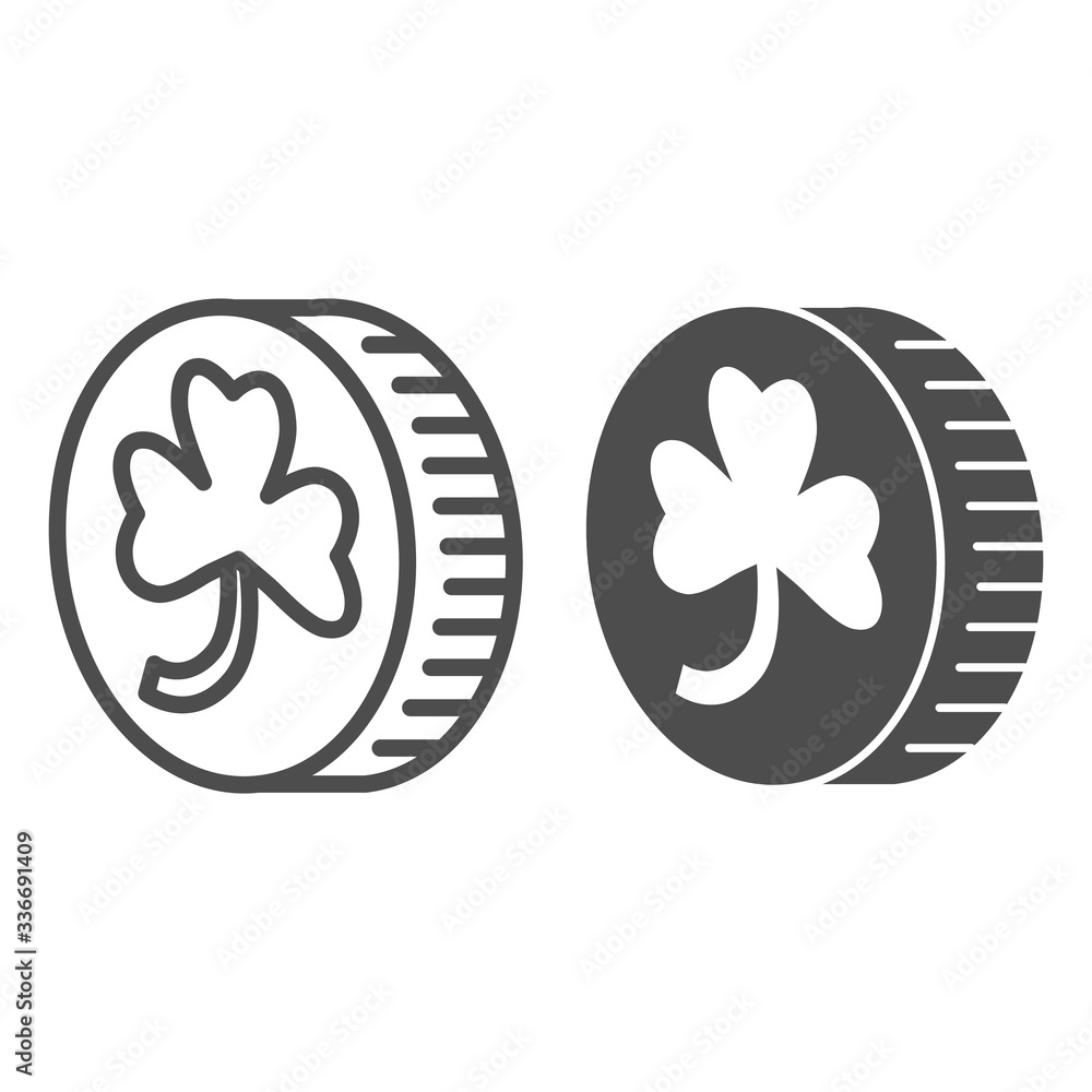 Poster coin with clover line and solid icon. leprechauns gold lucky coin with four leaf outline style picto