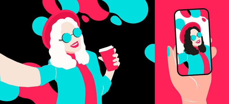 Tik tok influencer young girl blogger making video content. Social network streaming illustration template in mobile phone in hand. Woman in hat, glasses with coffee recording lifestyle blog isolated.