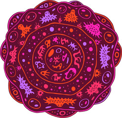 Surreal mandala with alien creatures and circles. Psychedelic colorful floral element. Fantastic flower. Abstract art for relaxation. Weird ilustration. Vector artwork