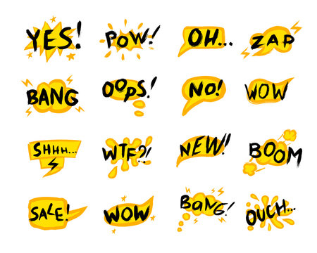 Vector collection of phrases, and comic words on a yellow speech bubble for sales, chats, and expressive messages. Set with black lettering on colorful backdrops.