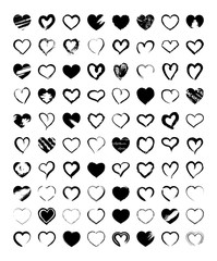 Fototapeta premium Collection of vector grunge heart frames. Set of fill and empty signs for romantic invitations, cards, and decorations. Hand-drawn textured shapes and silhouette templates for your design.