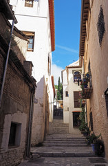 The small narrow street with stone pavement, stone stairs, green decorative plants and high stone houses in the old European town. There is piece of the blue sky.
