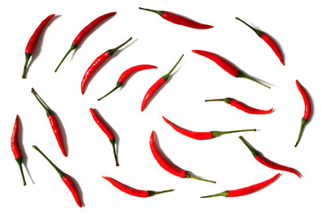 A lot of red hot chili, spices concept or peppers, popular, spicy, top view, flat lay, isolated on...