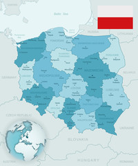 Blue-green detailed map of Poland and administrative divisions with country flag and location on the globe. Vector illustration